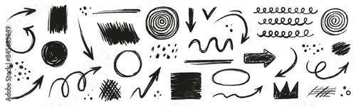 Arrow line hand drawn brush vector set. Grunge square, spiral, arrow element scribble line brush hand drawn sketch design. Grunge abstract chalk, crayon pencil style. Vector illustration.