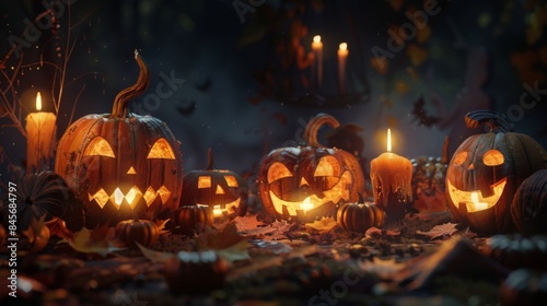 Halloween Pumpkins with Candles in a Spooky Forest, Generative AI