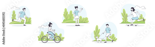 People Character Walking in the Park Outline Vector Set