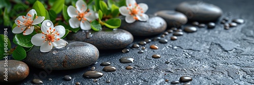 Banner, Meditation paraphernalia, relaxation center, Thai massage, rock balancing, towel rolled into a roller, flowers, candles and water for relaxation. space for text