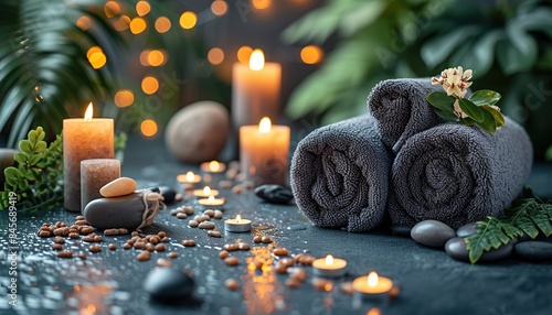 Meditation paraphernalia, relaxation center, Thai massage, rock balancing, towel rolled into a roller, flowers, candles and water for relaxation