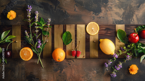 An elegant display of walnut wood with brass plaques showing close-ups of raspberries, lemons, oranges, cherries, lavender and jasmine on an elegant background.