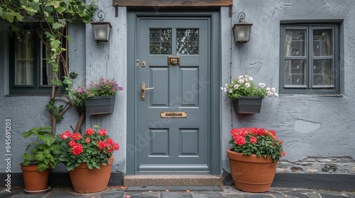 Small square ornamental windows and flower pots in front of a gray front door