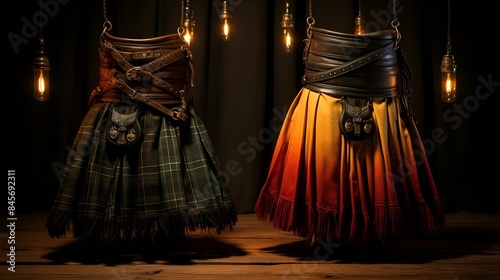 Two kilt skirts hanging from a light fixture. 