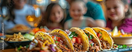 Family having a taco night for National Pulled Pork Day, October 12th, delicious tacos with pulled pork, 4K hyperrealistic photo.