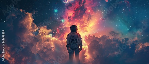 Astronaut standing amidst vibrant, colorful cosmic clouds and stars, symbolizing exploration and the wonder of space.