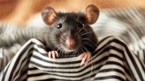 Intriguing image of a cunning black mouse in a striped shirt, using fabric to obscure its face while embracing the role of a sly thief