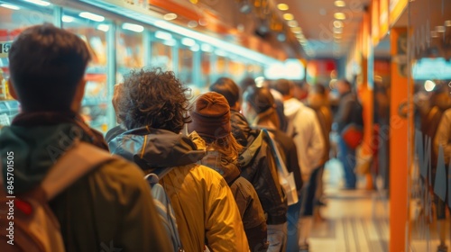 Long queue at store. Many people stand in line. Men group wait indoor. Public crowd. Women and men stand behind each other at shop. Consumerism concept.