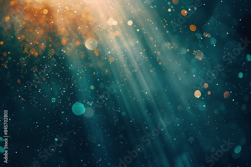 Grungy film texture background with pronounced grain, dust particles, and a realistic lens flare illuminating a black void.