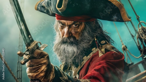 A fierce pirate captain with a sword and a red bandana stares intensely aboard a ship.
