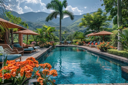 Tropical Poolside Relaxation With Lounge Chairs And Umbrellas