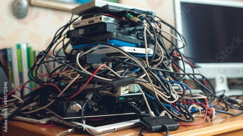 A desk covered in a tangled mess of wires and electronic devices. This image represents the struggles of modern technology and the complexities of keeping things organized.