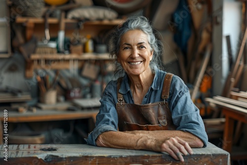 Woman smiling in workshop surrounded by tools and wood