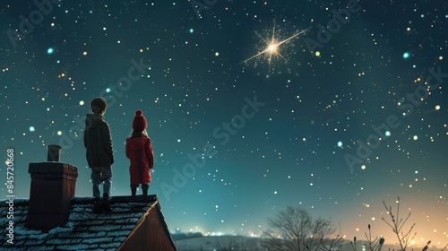 Two kids enjoying a clear night sky and contemplating the mysteries of the universe from their rooftop vantage point