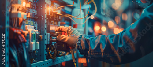 Electricity and electrical maintenance service, Engineer hand voltmeter checking electric current voltage at circuit breaker terminal