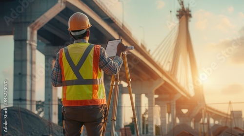 Professional civil engineer holding project plan while inspect bridge while wearing safety helmet. Skilled architect looking at blue print and standing at building structure or construction. AIG42.