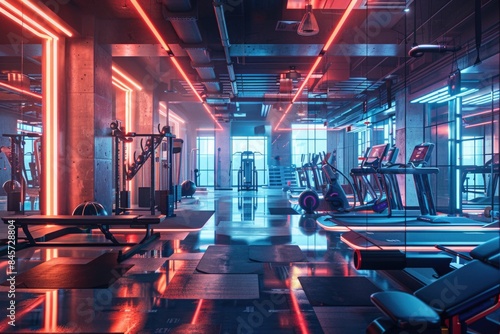 Gym interior with rowing machines for exercise and workout