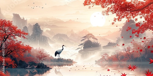 art landscape banner design with crane birds banner decoration chinese cloud bonsai ginko leaves in asia style