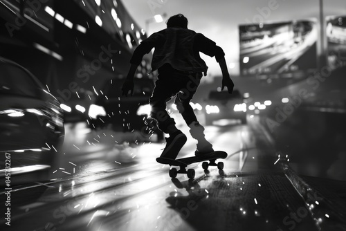 A person on a skateboard moving down a street in the evening, suitable for use in urban or nightlife scenes