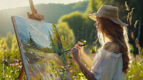 A woman is joyfully painting a landscape on an easel in a field, surrounded by grass and under the open sky, capturing the beauty of nature through art AIG50