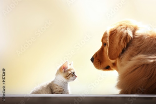 Close up portrait of Labrador dog and cat head looking tat each other on a pastel beige background