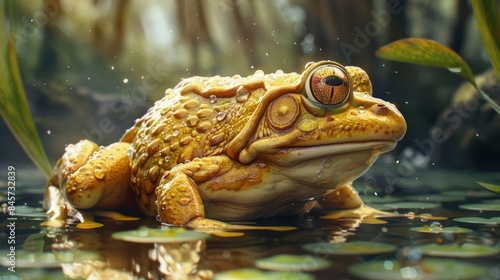 A beautiful yellow majestic frog with large amber eyes sitting in the water. The concept of immortality, wealth and longevity, rare animal. 