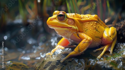 A beautiful yellow majestic frog with large amber eyes sitting on a stone in the middle of a swamp. The concept of immortality, wealth and longevity, rare animal. 