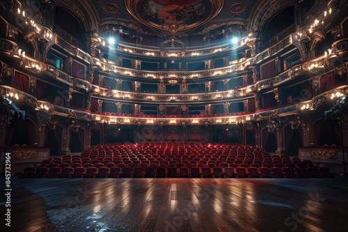 An empty theater with red seats and chandeliers, perfect for a dramatic performance or a quiet moment of contemplation