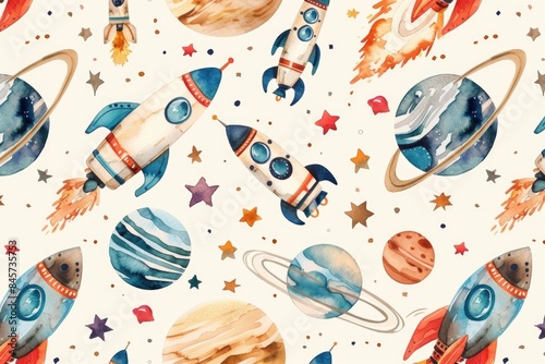 A colorful illustration of rockets and stars in watercolor style on a white background, perfect for use in designs related to space exploration or astronomy