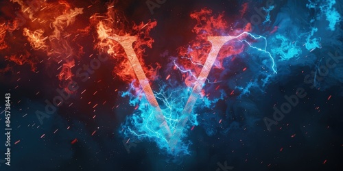 A bright blue and red fire symbol 'V' on a dark black background