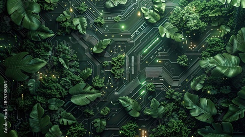 blend of nature and technology, with circuit-like patterns merging with lush green foliage, virtual screen