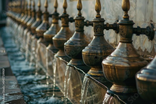 Water spouts against a wall, with mist rising from the base