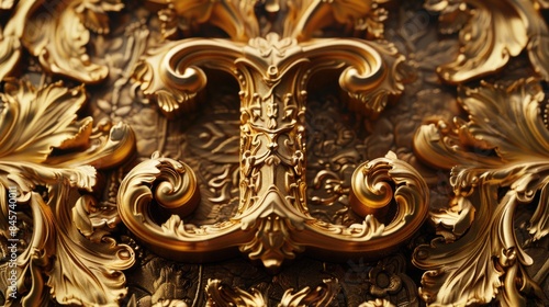 A detailed view of a golden clock face with intricate design and Roman numerals