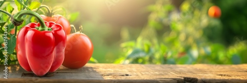 Red bell pepper on wooden table with blurred garden background. Summer nature, sunlight and space for text. Wide panoramic banner with copy space.