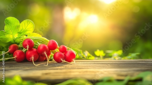 Red fresh bunch of radishes on wooden table with blurred garden background. Summer nature, sunlight and space for text. Banner with copy space.