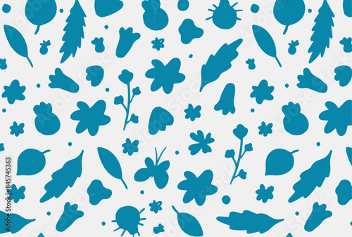 Blue children’s floral background. Hand-drawn nature elements, insects, leaves, and flowers on a light background. Botanical seamless pattern.