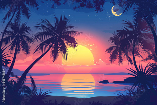 tropical sunset with trees