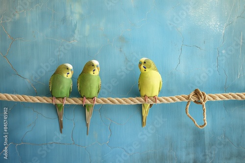 A photo of two budgerigar parakeets perched on a branch isolated against a blurred background. The birds are the focal point of attention, creating a visually appealing and eye-catching composition.