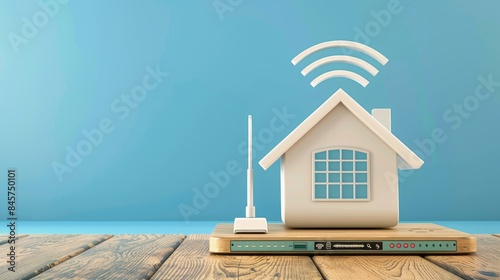 A home wireless network is depicted with a house and WiFi router on a wooden table against a blue background in a 3D illustration
