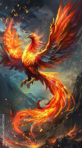 A majestic phoenix soars through a vibrant sky, its fiery wings trailing behind it like a comet's tail. The mythical creature is a symbol of hope, renewal, and immortality.