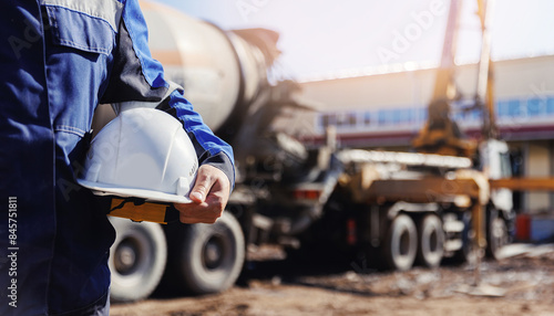 Worker engineer hold hard hat background of concrete mixer pouring foundation. Banner building Industry, construction site