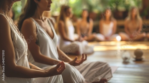 Yoga coach holding hands of women group during holistic healing session. sitting in circle meditating together doing breathing exercises giving support at body care training