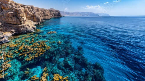 Aerial view of turquoise sea with vibrant coral reefs, showcasing beauty and marine life diversity along cliffs.