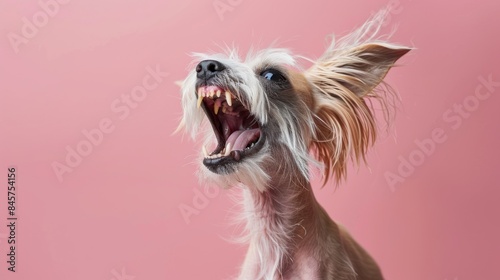 Chinese Crested, angry dog baring its teeth, studio lighting pastel background