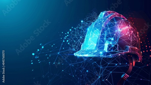 The concept of work safety is portrayed with a safety construction helmet in a futuristic glowing low polygonal style against a dark blue background designed as a modern abstract