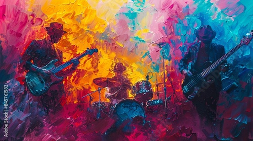 Dynamic brushwork in a colorful concert scene, diverse band, balanced composition, artistic bass performance, vibrant colors 8K , high-resolution, ultra HD,up32K HD