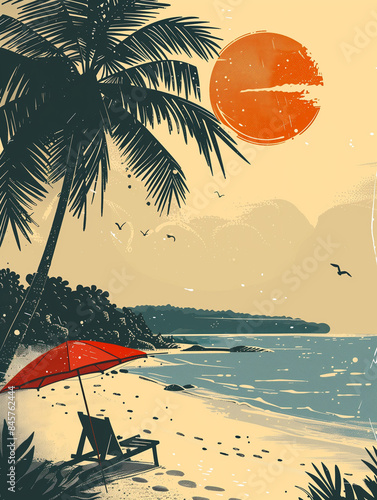 Une plage au coucher du soleil avec un grand palmier et un parasol rouge. 