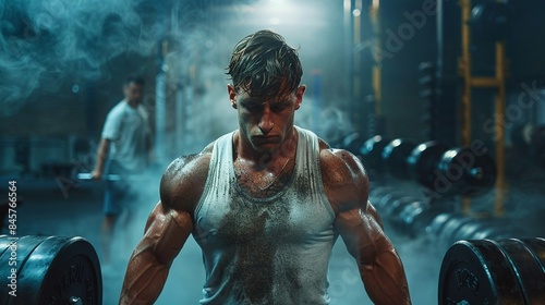Strong guy pressing heavy weights in gym, standing on floor, muscular build, intense concentration on exercise, strength competition, trainer assisting 8K , high-resolution, ultra HD,up32K HD