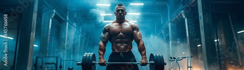 Strong guy lifting heavy weights, standing on gym floor, intense focus, muscular build, strength competition, trainer observing 8K , high-resolution, ultra HD,up32K HD