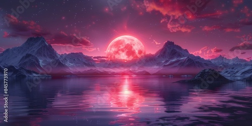 Fantasy Landscape with Red Moon Rising Over Mountains and Calm Lake